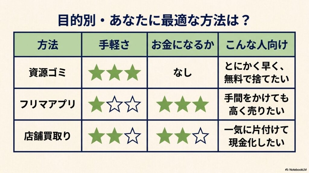 資源ゴミ、フリマアプリ、店舗買取りの3つの方法を、手軽さや収益性の観点から比較した表です。