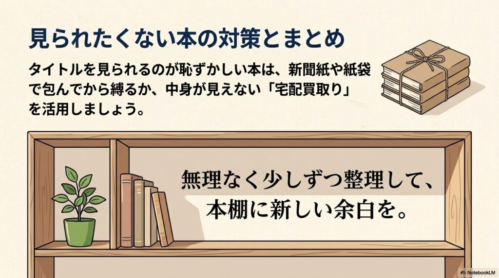 プライバシーを守る本の捨て方と、無理のない整理で本棚に余白を作る大切さをまとめています。
