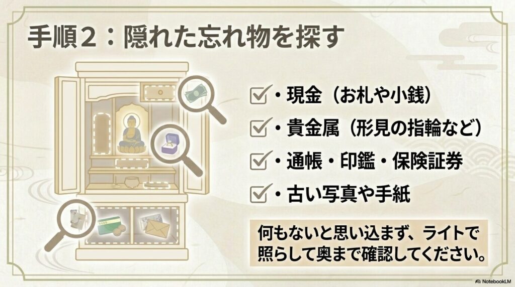 仏壇の引き出しや奥に現金や貴重品、思い出の品が残っていないか確認する重要性を説明しています。