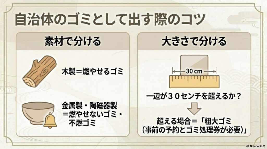 自治体で処分する際、素材による分別方法と、一辺が30cmを超える場合の粗大ゴミ扱いについて解説しています。