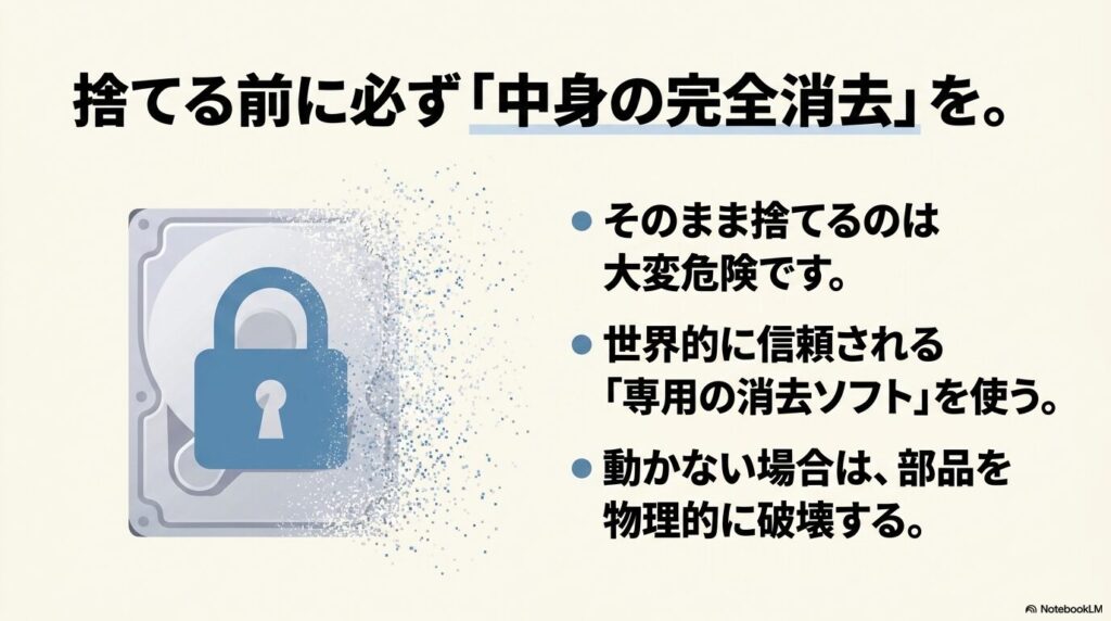 パソコンを捨てる前に、専用ソフトや物理的破壊によってデータを完全に消去することの重要性を説明するスライド。