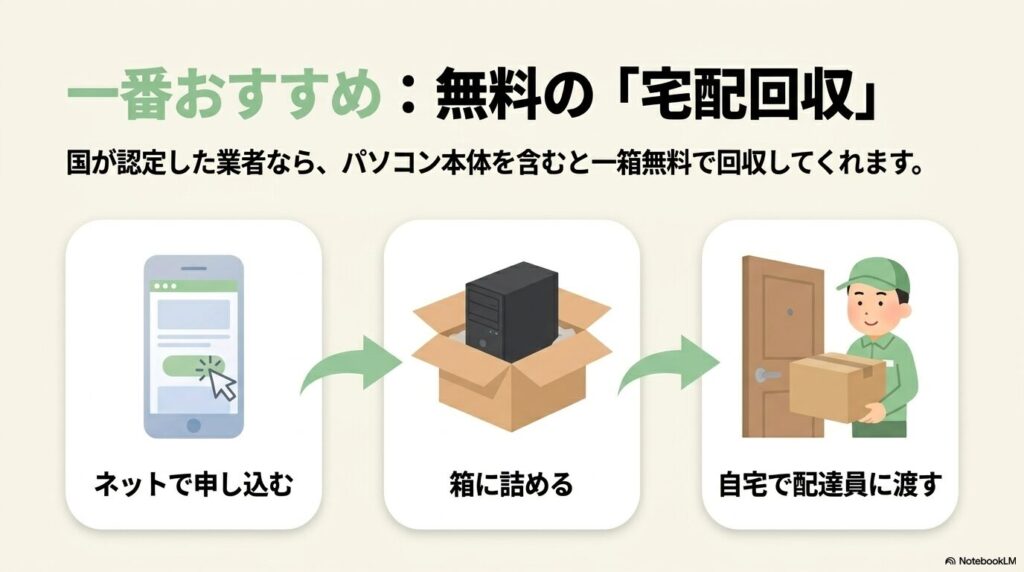 一番おすすめの処分方法として、国認定の業者による無料の宅配回収の3ステップを解説。