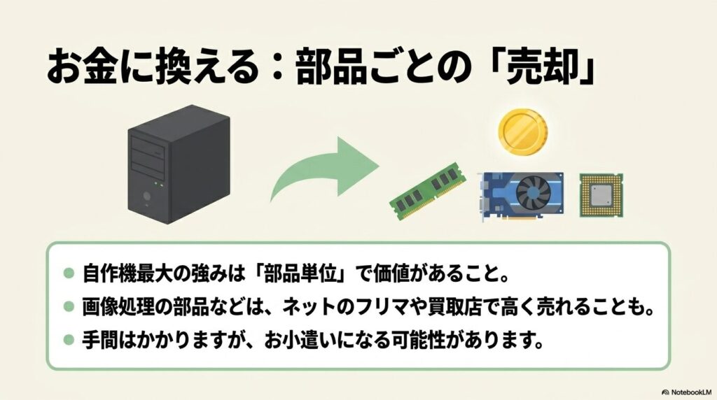 自作PCのメリットとして、グラフィックボードなどのパーツを個別に売却してお金に換える方法を説明。