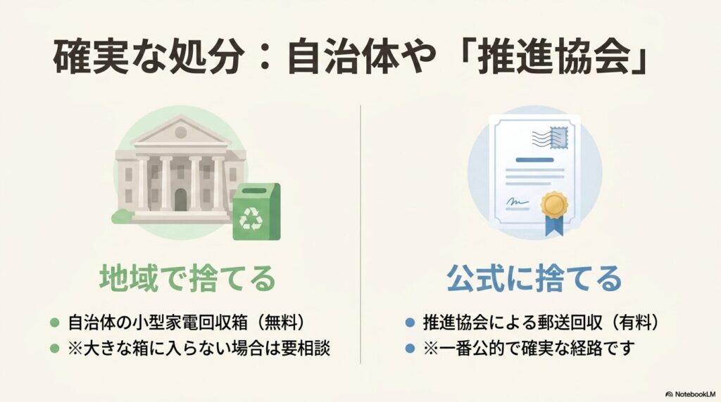 自治体の小型家電回収箱を利用する方法と、パソコン3R推進協会による有料の郵送回収という2つの確実な処分方法。
