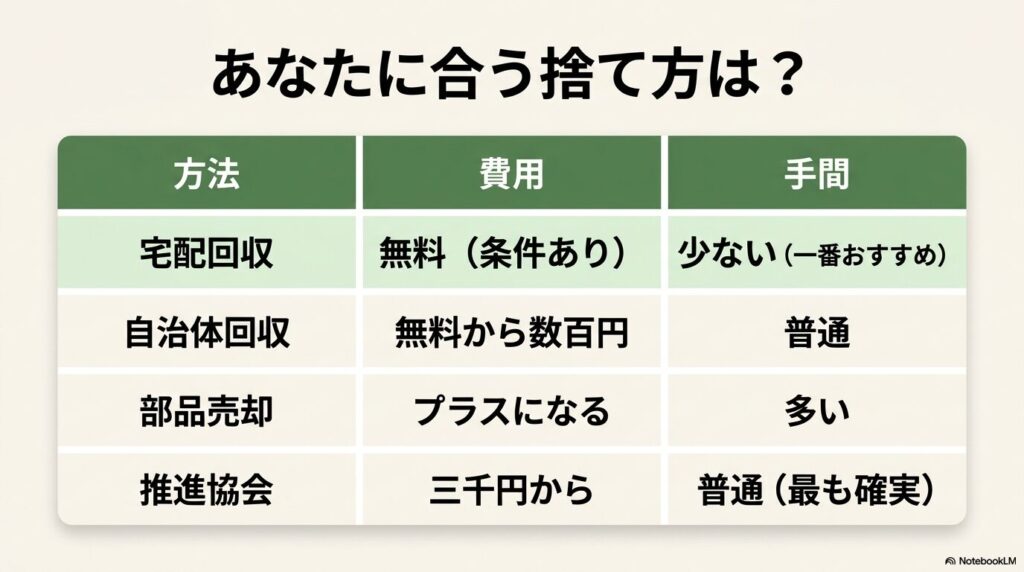 宅配回収、自治体回収、部品売却、推進協会の4つの処分方法について、費用と手間の観点から比較した一覧表。