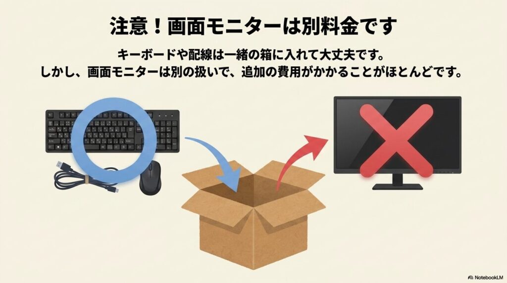 宅配回収時の注意点として、周辺機器は同梱できるが、液晶モニターは別料金かつ別扱いになることが多いことを説明。