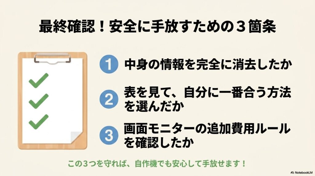 自作PCを安全に手放すための最終確認として、データ消去、方法の選択、モニター費用の確認の3項目をまとめたスライド。