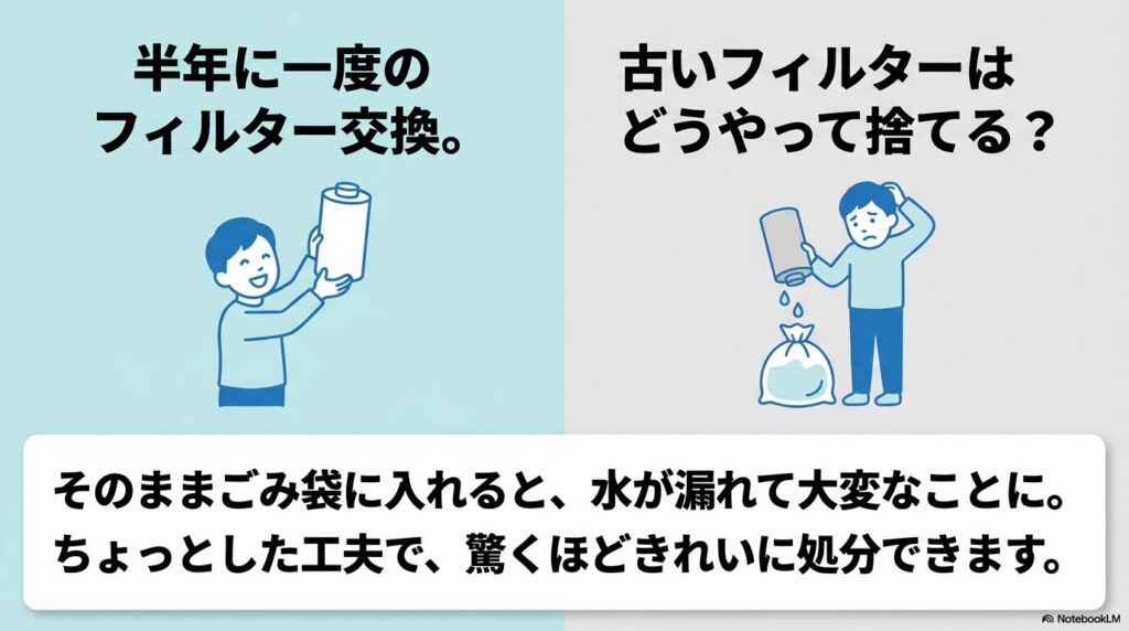 フィルター交換時にそのまま捨てると水漏れが起きるため、きれいに処分するための工夫が必要だと説くスライド。