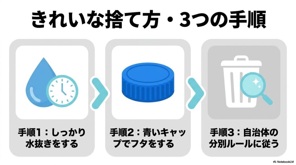 フィルターを捨てるための3つの手順として、水抜き、キャップの付け替え、自治体のルール確認を提示。