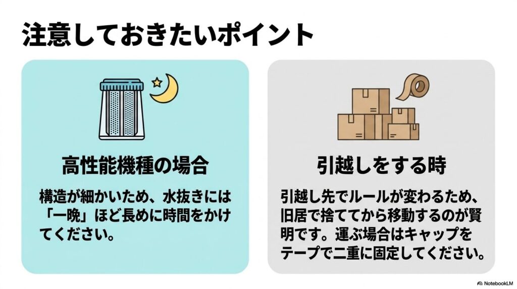 高性能機種の水抜き時間や、引越し時の処分方法など、フィルター処分に関する注意点を説明。