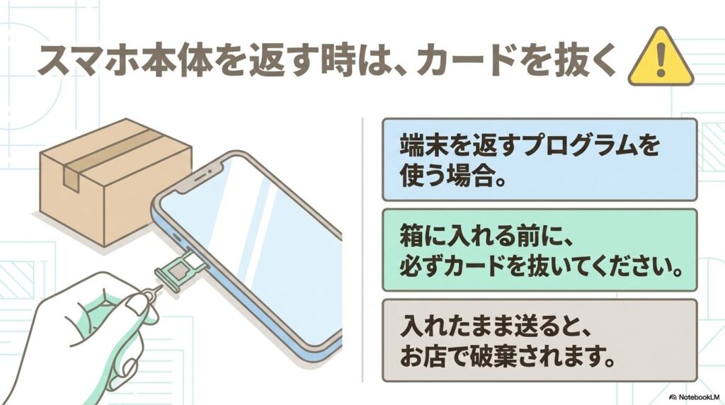 端末返却プログラムを利用する際は、必ずSIMカードを抜いてから返却するよう注意を促しています。