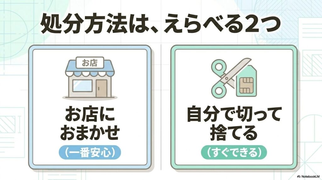 SIMカードの処分方法として、お店に任せる方法と自分で切って捨てる方法の2択を紹介しています。