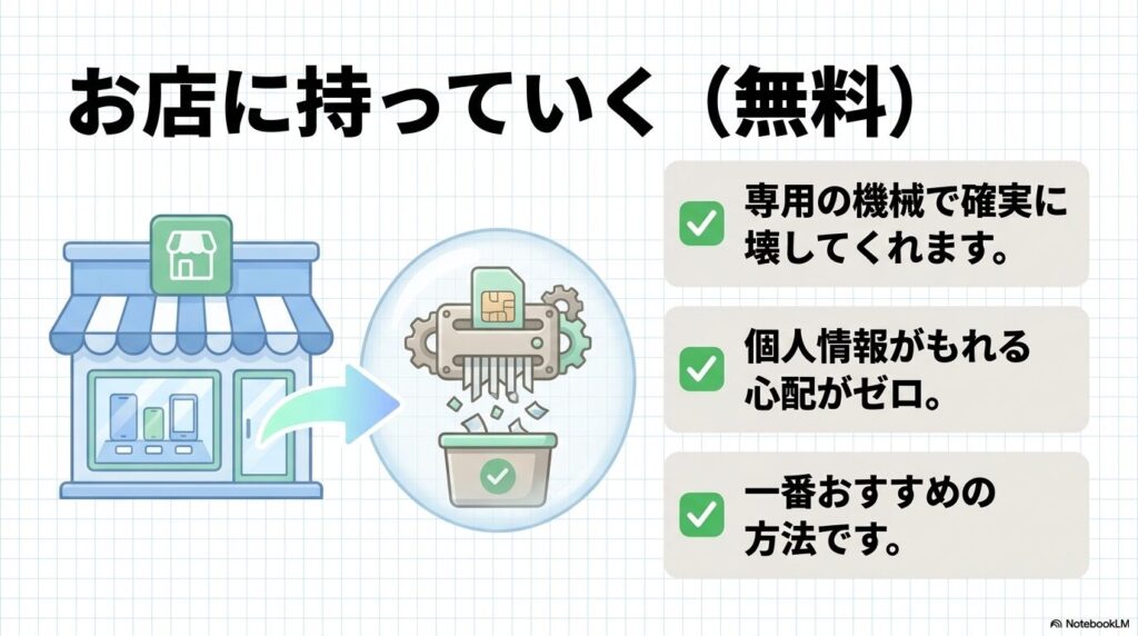 店舗での無料処分は、専用の機械で確実に裁断されるため個人情報漏洩の心配がなく推奨されます。