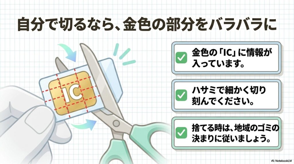 自分で処分する場合は、情報が入っている金色のICチップ部分をハサミで細かく切り刻むよう説明しています。