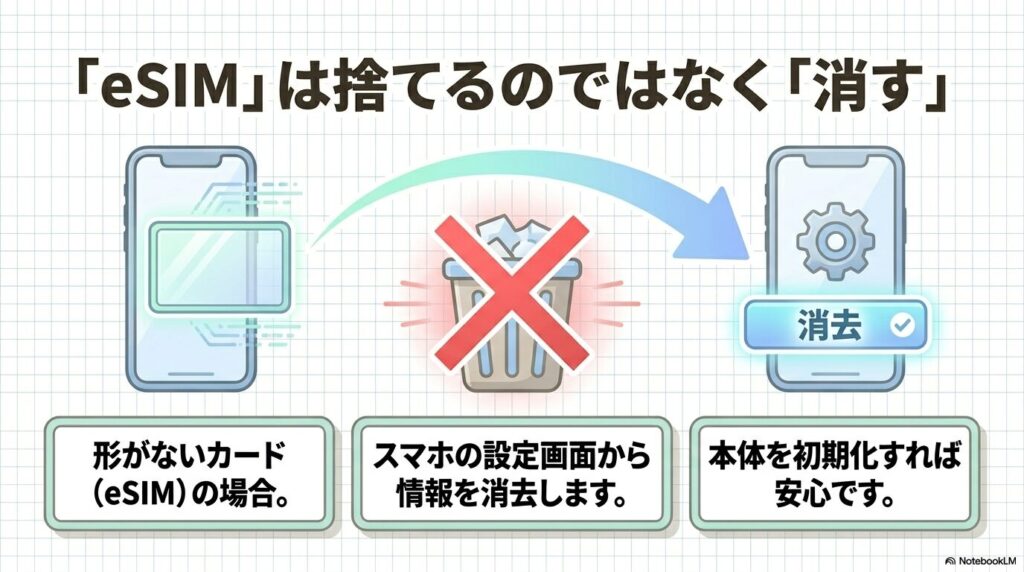 eSIMの場合は物理的なカードがないため、設定画面からの情報消去や本体の初期化が必要だと説明しています。