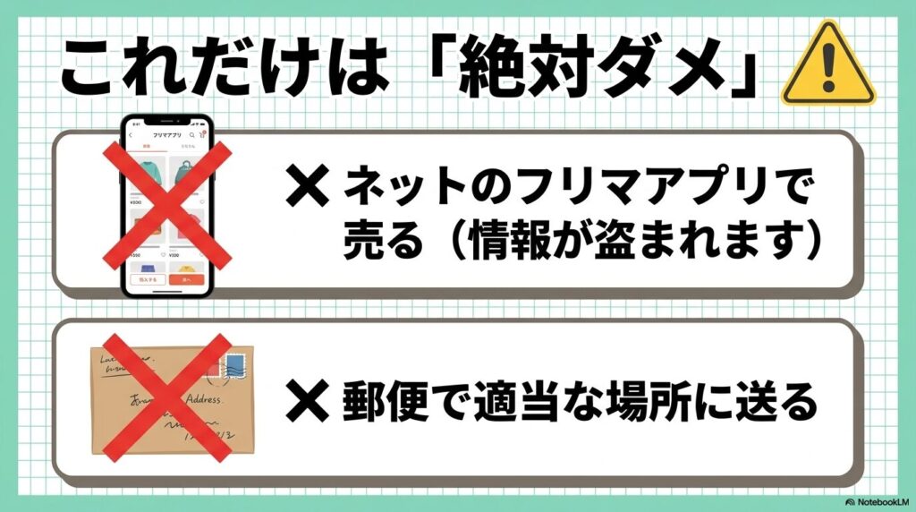フリマアプリでの販売や不適切な場所への郵送は、情報漏洩のリスクがあるため厳禁としています。