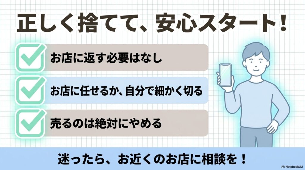 SIMカード処分のまとめとして、返却不要、店に任せるか裁断する、売却禁止の3点を挙げています。