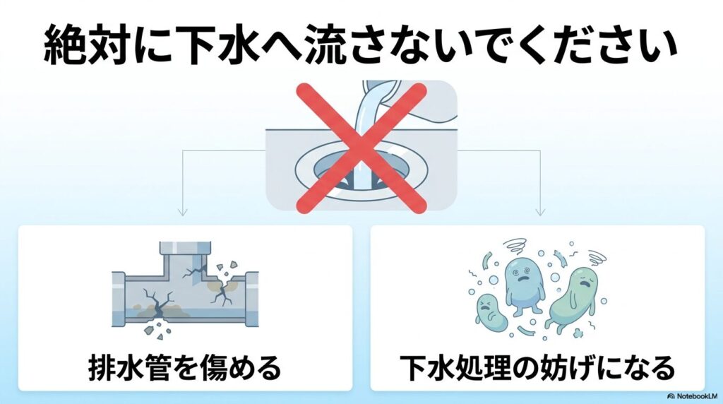 洗浄液を下水に流すと排水管の損傷や下水処理への悪影響を及ぼすため、絶対に禁止であることを示しています。