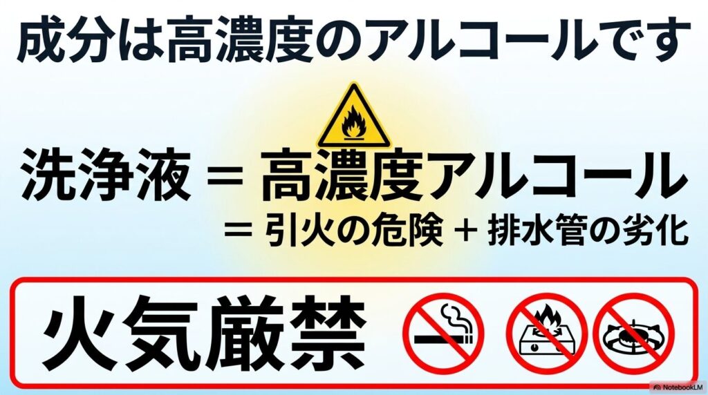 洗浄液の主成分が高濃度アルコールであり、引火や排水管劣化の危険があるため火気厳禁であることを説明しています。