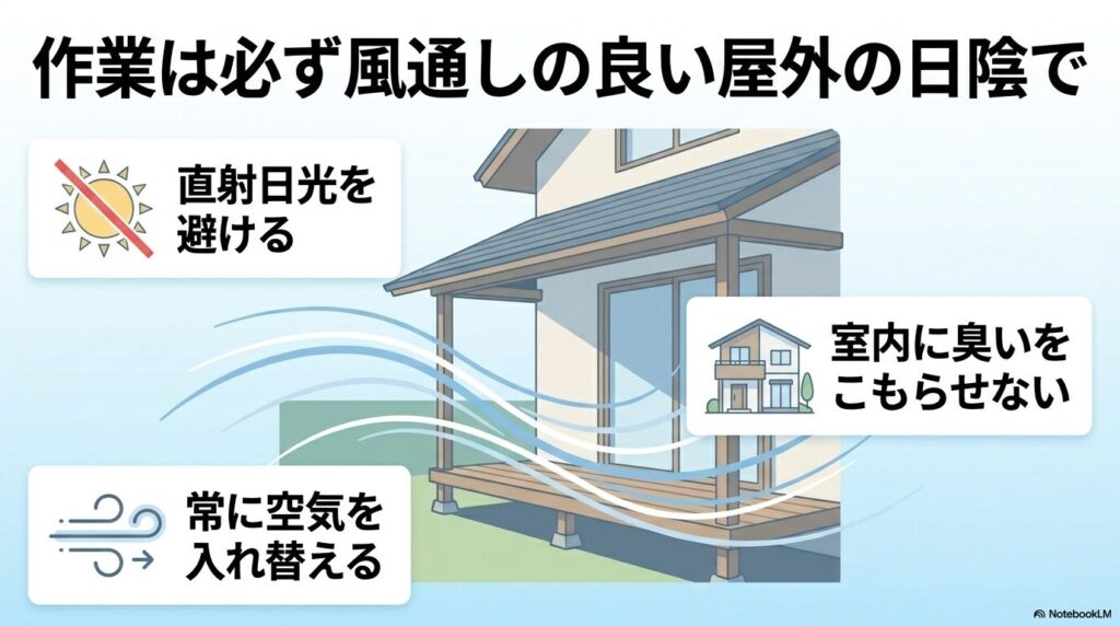 処理作業は、直射日光を避け、臭いがこもらないよう風通しの良い屋外の日陰で行う必要があると説明しています。
