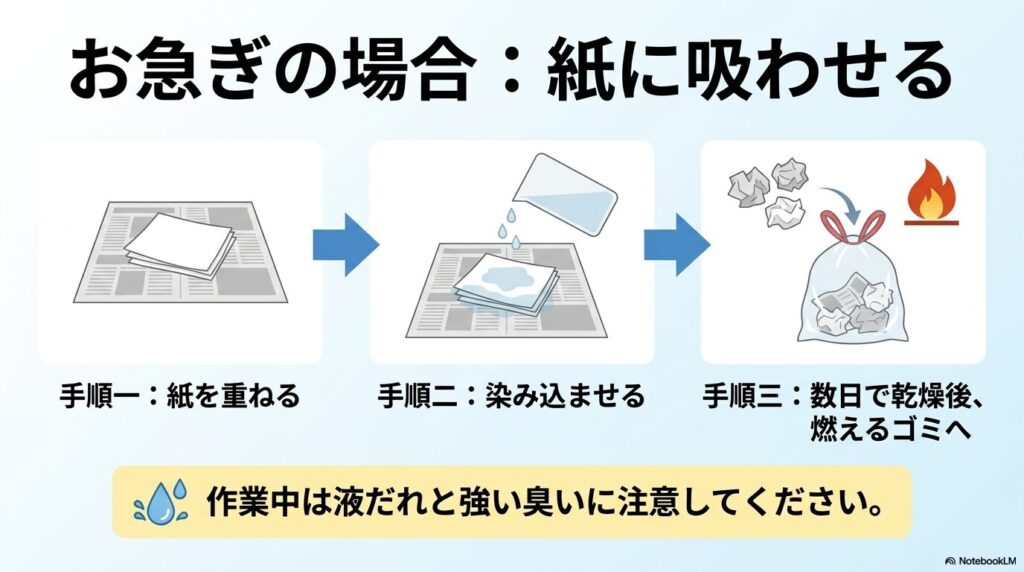 急ぐ場合の処分方法として、紙に洗浄液を染み込ませ、数日乾燥させてから燃えるゴミに出す手順を説明しています。