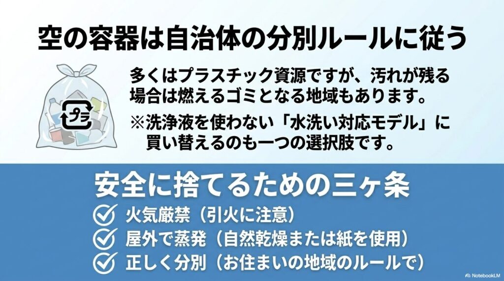 空容器の分別ルールと、安全に捨てるための「火気厳禁」「屋外で蒸発」「正しく分別」の三ヶ条をまとめています。