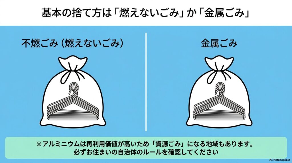 アルミハンガーの基本的な捨て方が不燃ごみか金属ごみであることを、注意事項と共に説明するスライド。