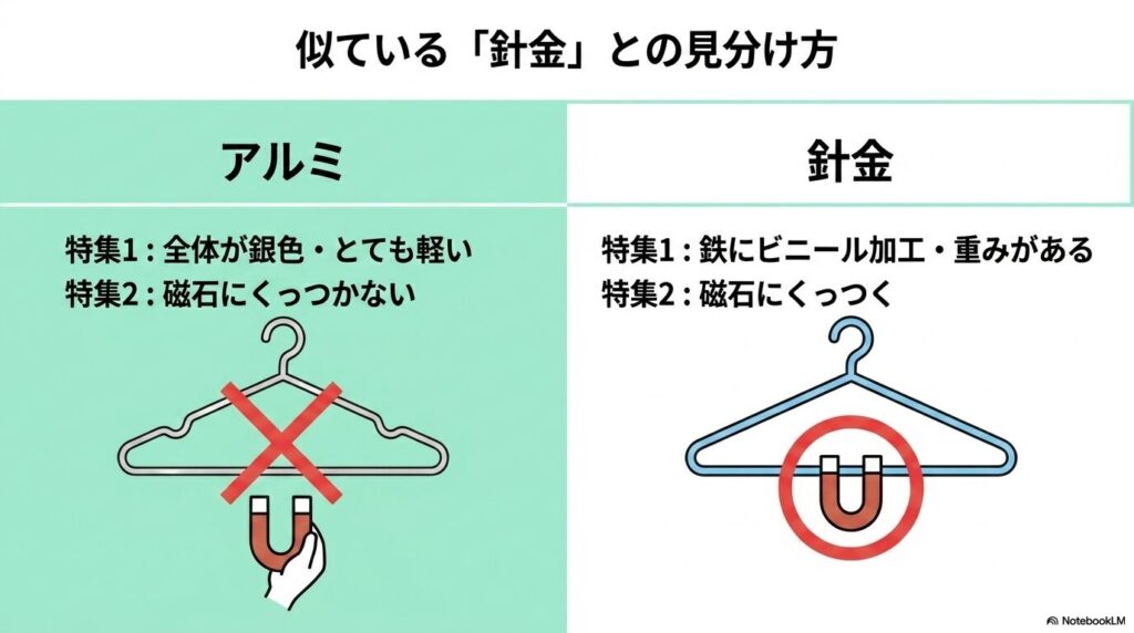アルミハンガーと針金ハンガーの見分け方を、磁石への反応や素材の特徴で比較したスライド。