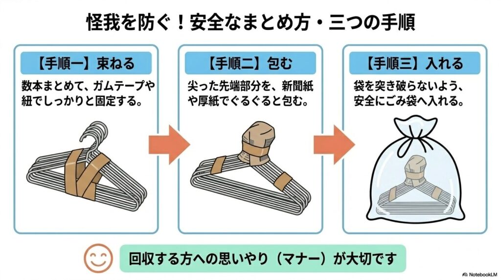 アルミハンガーを安全に捨てるための、束ねる、包む、入れるという3つの手順を説明するスライド。