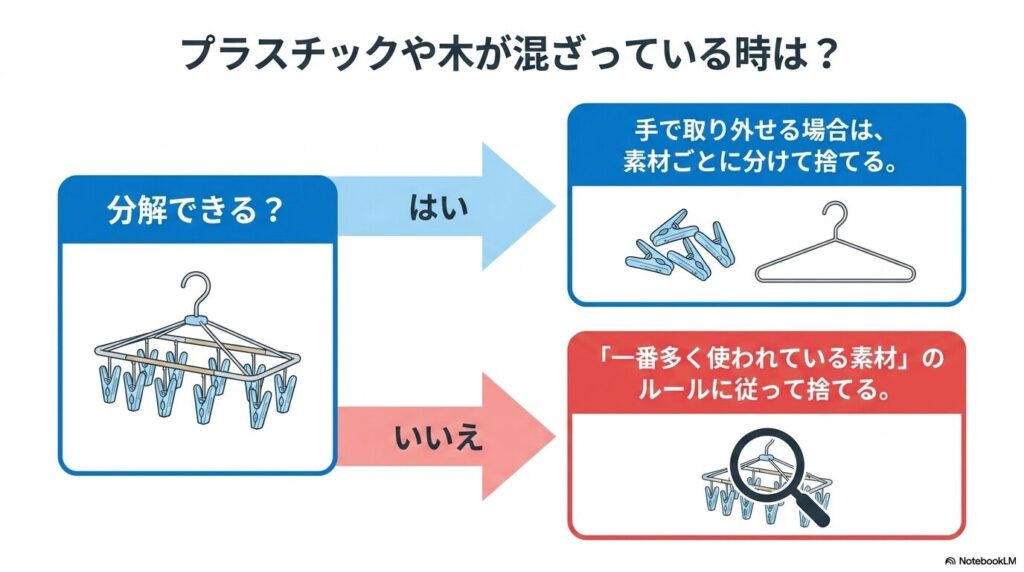 素材が混ざったハンガーの捨て方を、分解の可否に基づいたフローチャートで解説するスライド。