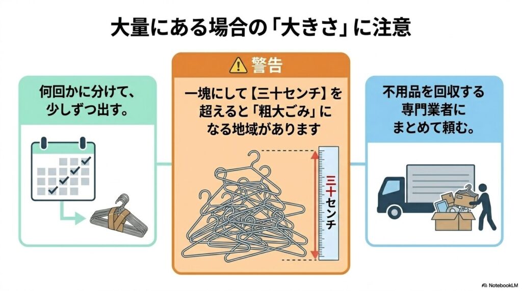 大量のハンガーを捨てる際の注意点として、30センチを超えると粗大ごみになる可能性などを説明するスライド。
