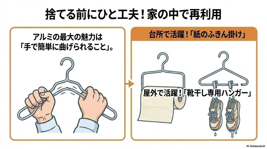 アルミの曲げやすさを活かした、ふきん掛けや靴干しハンガーへの再利用方法を紹介するスライド。