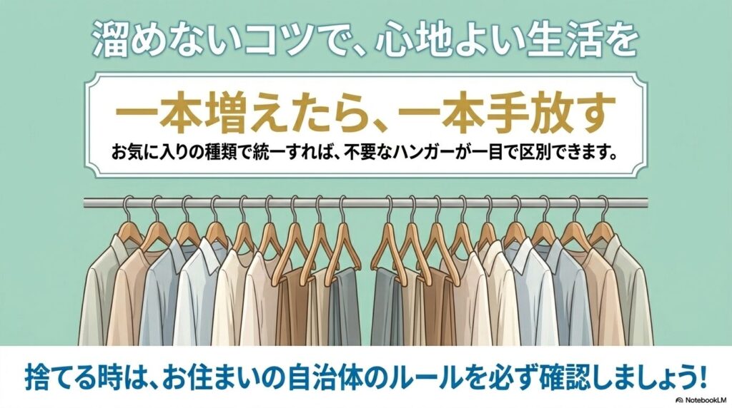整理のコツとして「1本増えたら1本手放す」習慣を推奨し、自治体のルール確認を促す結びのスライド。