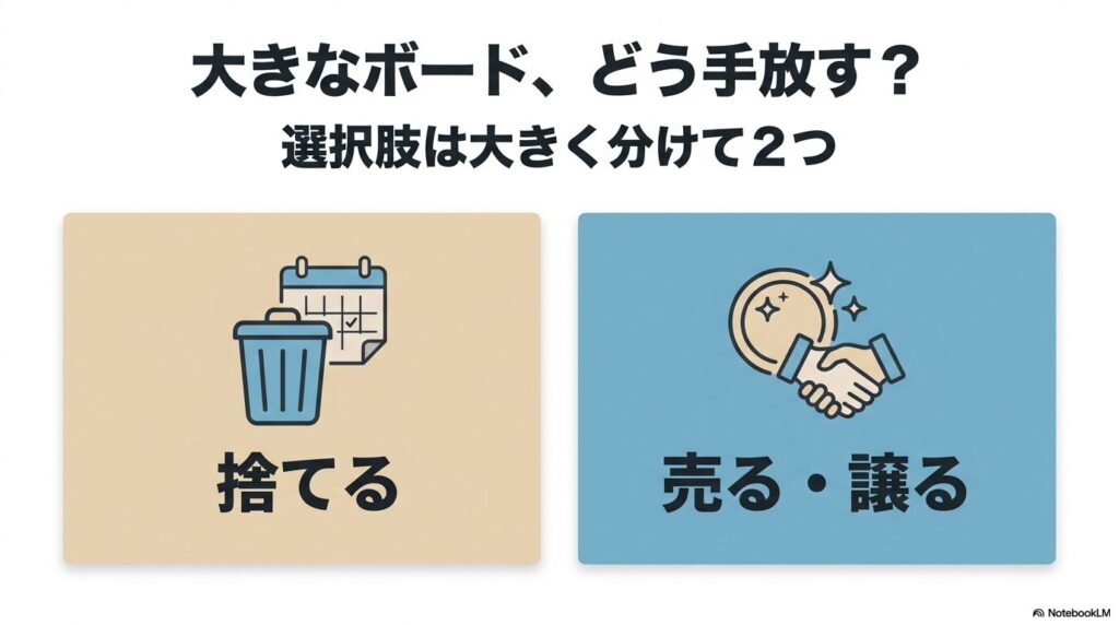 サーフボードを手放す2つの大きな選択肢として「捨てる」と「売る・譲る」を提示しています。