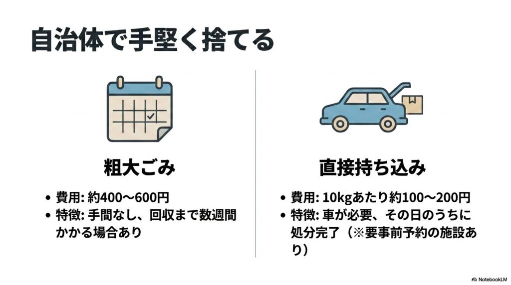自治体で処分する方法として、粗大ごみ回収と施設への直接持ち込みの費用と特徴を比較しています。