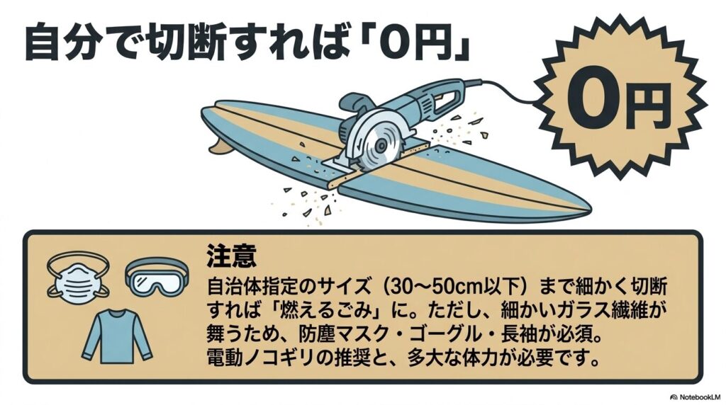 自分でサーフボードを切断して「燃えるごみ」として0円で出す方法と、必要な装備や注意点を説明しています。