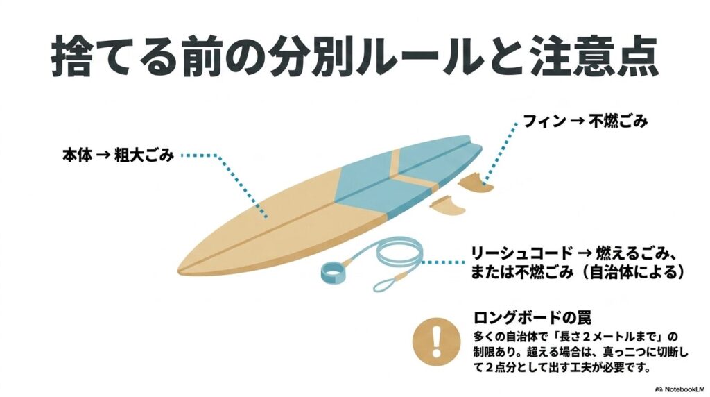 サーフボードのパーツごとの分別ルールと、ロングボードを捨てる際のサイズ制限に関する注意点です。