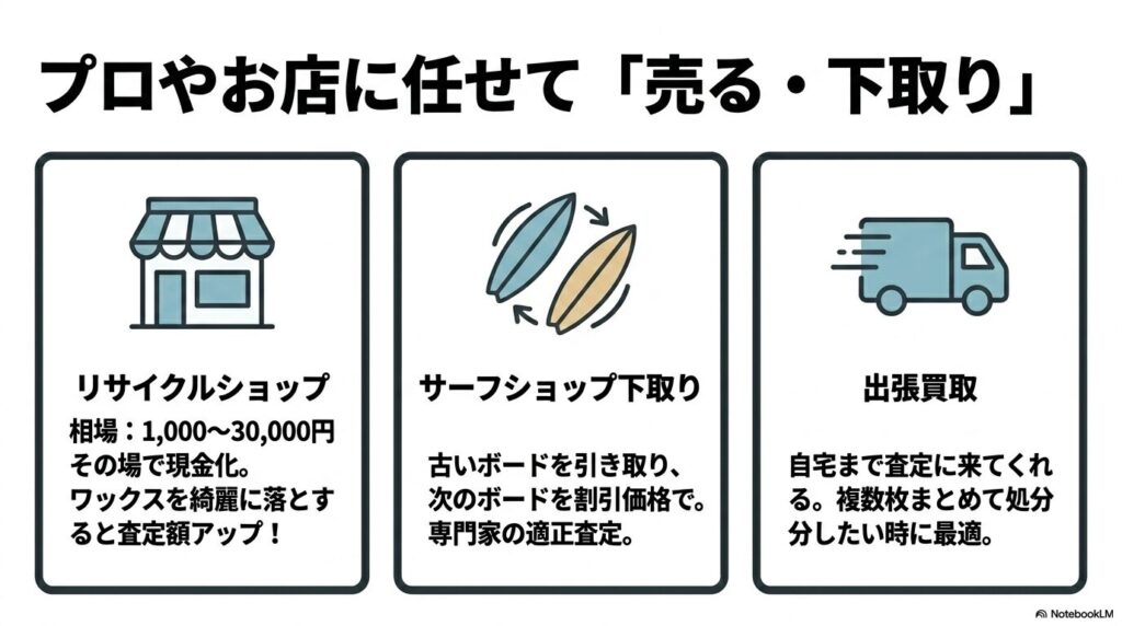 専門業者に依頼する方法として、リサイクルショップ、サーフショップの下取り、出張買取を紹介しています。