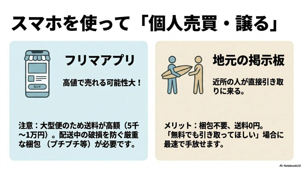 フリマアプリと地元の掲示板を利用した個人間取引のメリットと、送料や梱包に関する注意点です。