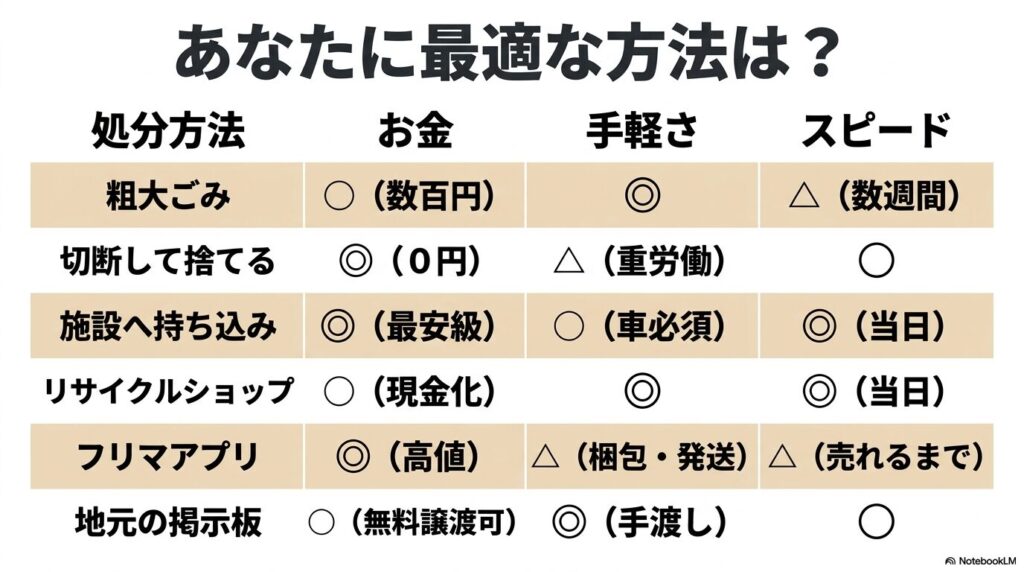 6つの処分方法について、お金、手軽さ、スピードの観点から比較した一覧表です。