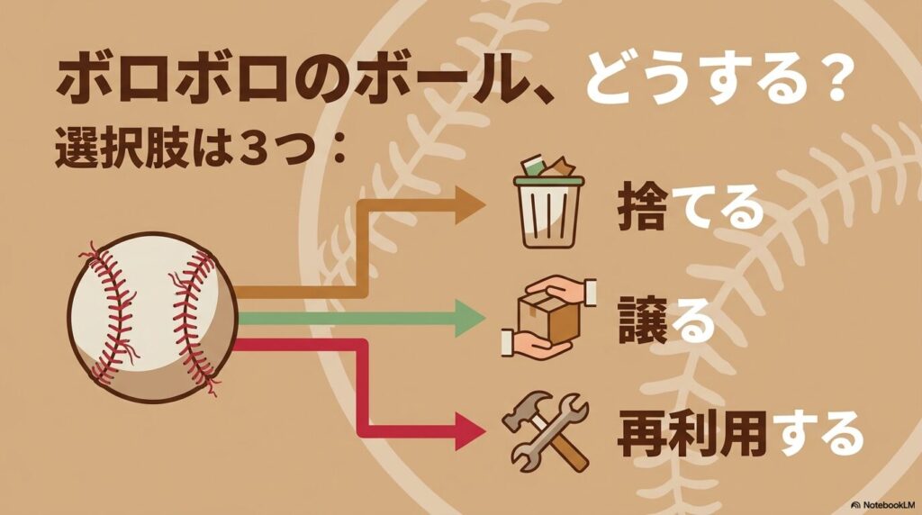 古くなった野球ボールの3つの選択肢として、捨てる、譲る、再利用することを紹介しています。