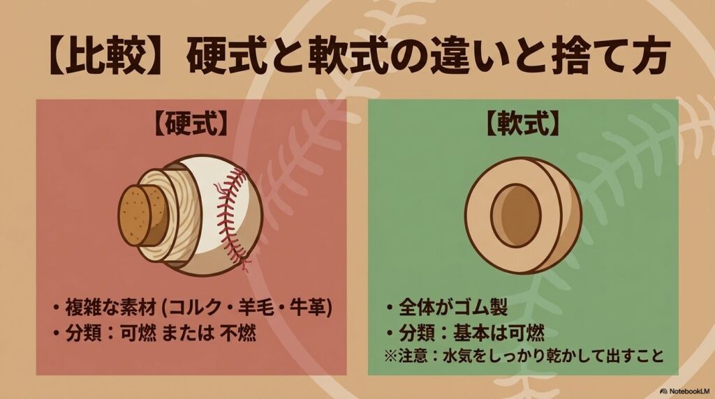 硬式ボールと軟式ボールの構造の違いと、それぞれのゴミ分類上の注意点を説明しています。