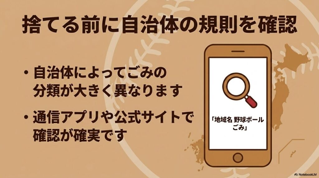 野球ボールを捨てる前に、自治体のウェブサイトやアプリでゴミの分別ルールを確認することを推奨しています。