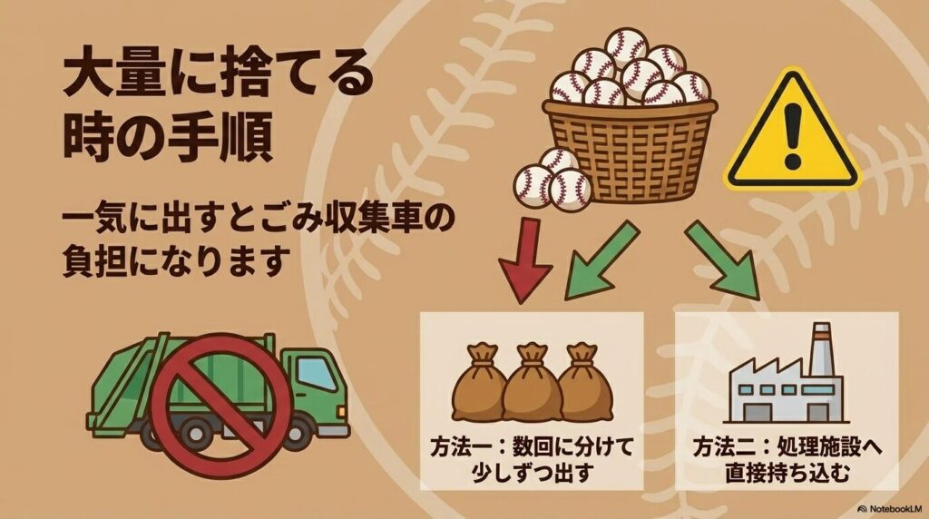 大量のボールを一度に捨てると収集車の負担になるため、数回に分けるか処理施設へ持ち込む方法を提案しています。
