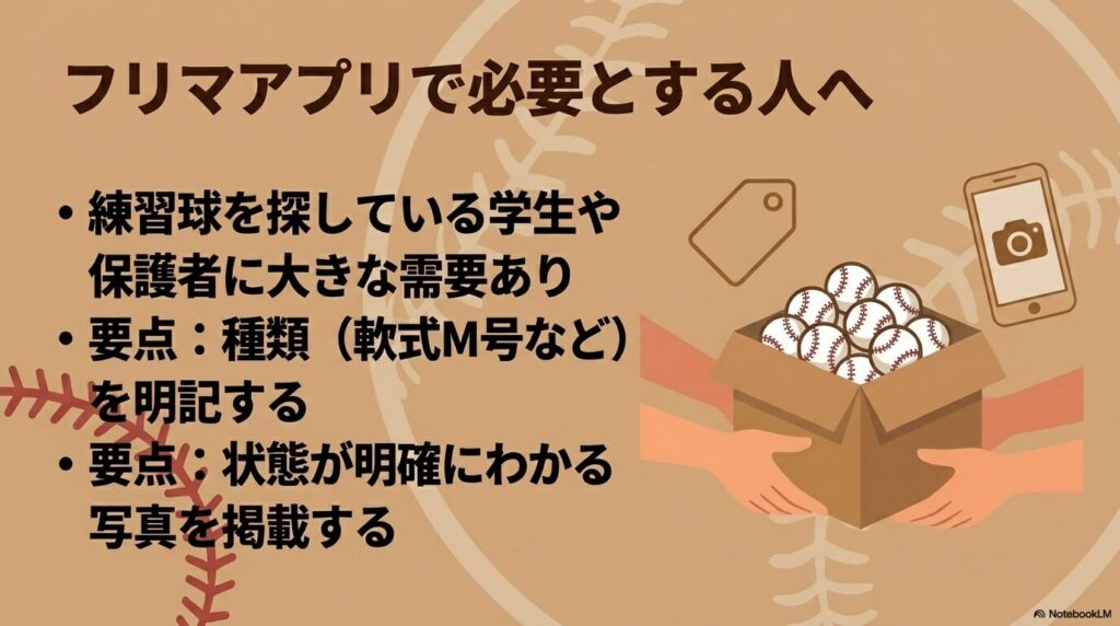 フリマアプリで練習球として出品する際のコツとして、種類や状態を明記する重要性を伝えています。