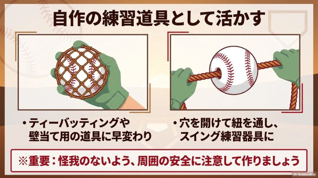 古いボールをネットに入れたり紐を通したりして、自作の練習器具として再利用するアイデアを紹介しています。