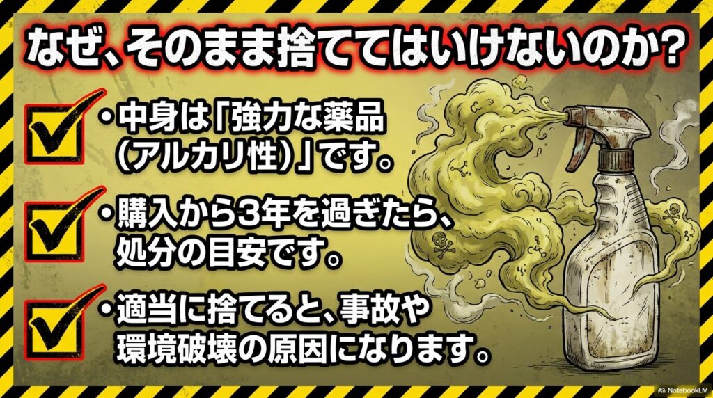 キッチン泡ハイターをそのまま捨ててはいけない理由と、購入から3年という処分の目安を説明するスライド。