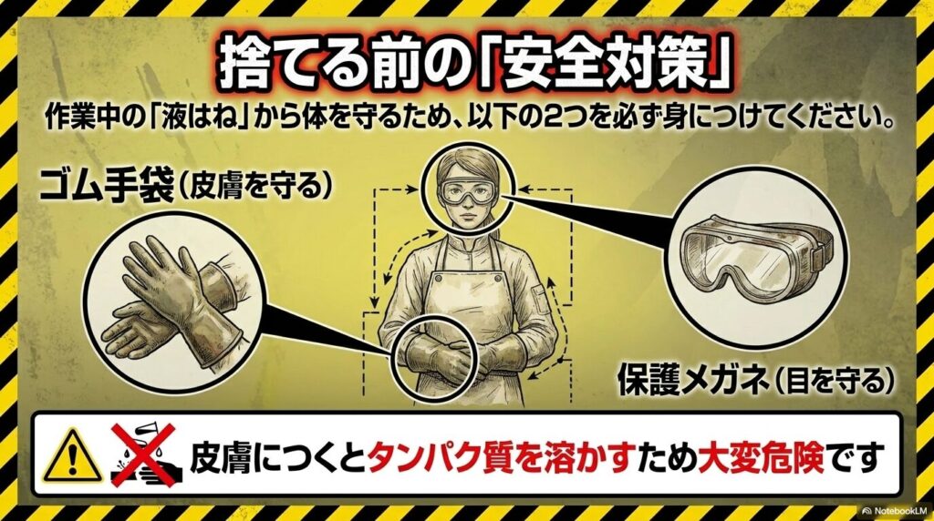 作業中の安全対策として、皮膚と目を守るためのゴム手袋と保護メガネの着用を推奨するスライド。