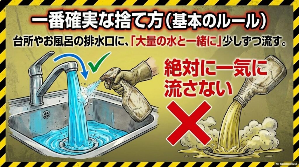 排水口へ大量の水と一緒に少しずつ流す正しい方法と、一気に流す禁止事項を比較したスライド。