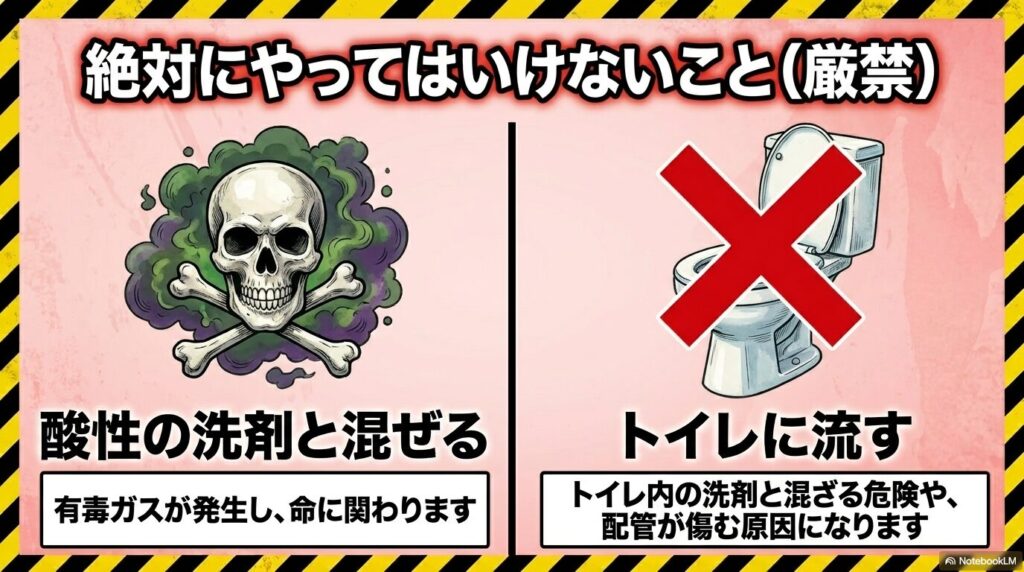 酸性洗剤との混合による有毒ガスの発生や、トイレへの廃棄が厳禁であることを説明するスライド。